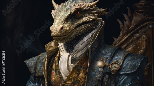  a close up of a dragon wearing a suit and tie with a clock on the arm of a man wearing a suit and tie with a white collar and white shirt. generative ai