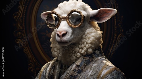  a close up of a sheep wearing a suit and goggles in front of a picture of a person wearing a suit and goggles in front of a gold frame. generative ai