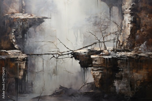 Abstract oil painting of a waterfall with a tree in the foreground