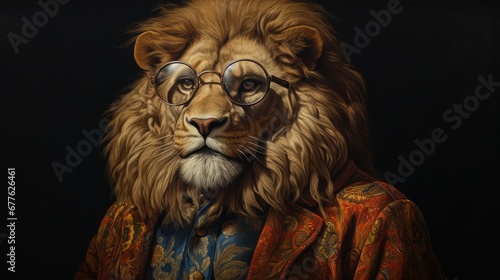  a painting of a lion wearing glasses and a red jacket with a red jacket on it s chest and a red jacket on its chest and a black background.  generative ai
