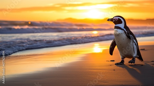  a penguin stands on the beach as the sun sets over the ocean and waves lap over the shore of a beach with foamy foamy water and foamy waves in the foreground.  generative ai