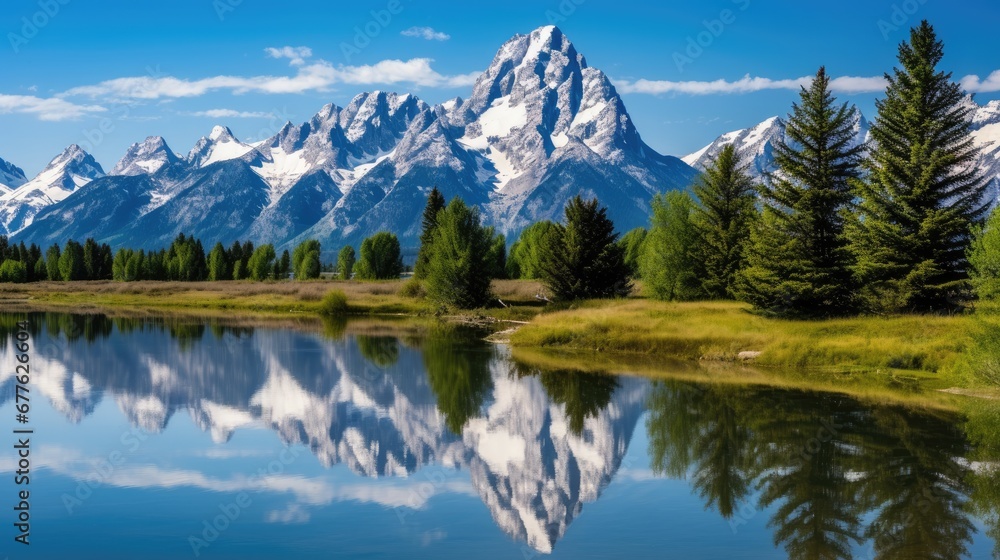  a mountain range is reflected in the still water of a lake in the foreground, with pine trees in the foreground, and a blue sky with clouds in the background.  generative ai