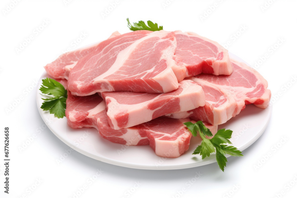 Fresh raw pork with herbs isolated on white background