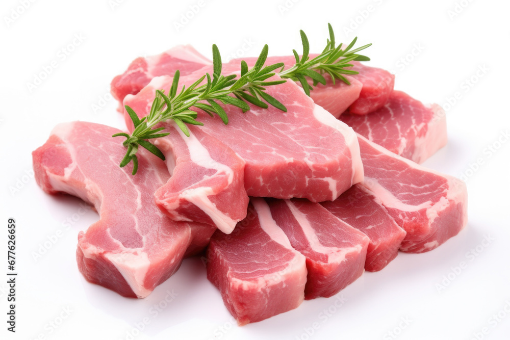Fresh raw pork with herbs isolated on white background