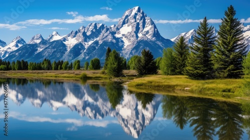  a mountain range is reflected in the still water of a lake in the foreground, with pine trees in the foreground, and a blue sky with clouds in the background. generative ai
