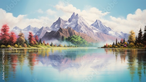  a painting of a mountain range with a lake in the foreground and trees in the foreground, and a lake in the foreground with a mountain range in the background. generative ai