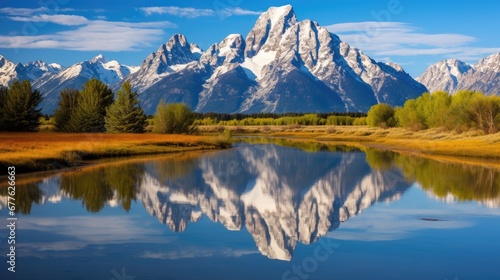  a mountain range is reflected in the still water of a lake in the foreground, with trees and grass in the foreground, and a blue sky with clouds in the background. generative ai