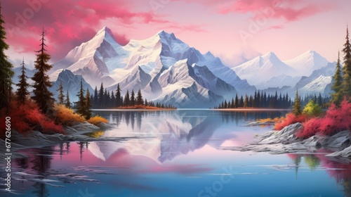  a painting of a mountain landscape with a lake in the foreground and pine trees on the far side of the lake and a pink sky with clouds in the background.  generative ai