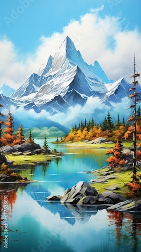  a painting of a mountain range with a lake in the foreground and trees in the foreground  and a lake in the foreground with a mountain range in the background.  generative ai