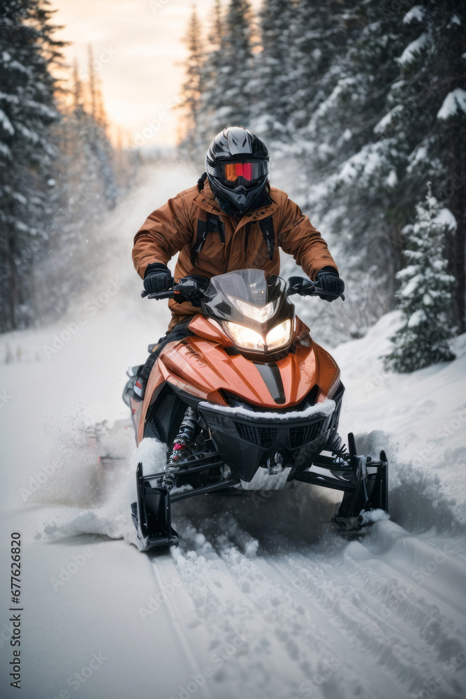 A man wearing an insulated winter jacket and trousers, a protective helmet and glasses rides a snowmobile leaving footprints in nature against the backdrop of high mountains with snow at sunset.