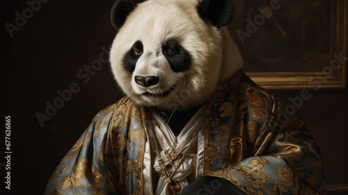  a panda bear dressed in a gold and blue outfit with a black and white fur on it's head and wearing a gold and blue robe with a gold pattern on it's head.  generative ai © Shanti