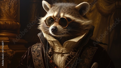  a raccoon wearing sunglasses and a suit with a hat and a bow tie is standing in front of a gold statue and a gold pillar with a gold background.  generative ai
