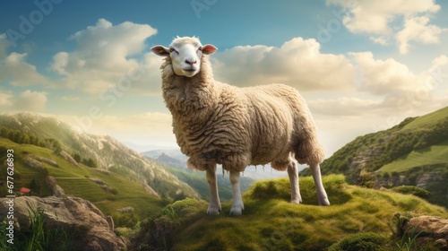  a sheep standing on top of a lush green hillside next to a lush green hillside under a blue sky with white clouds and a few white fluffy white fluffy clouds.  generative ai