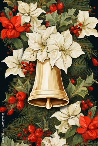 Christmas bell and flowers Vertical illustration minimalism. Christmas theme Vertical illustration. For banners, posters, gift cads, advertising. AI generated.
