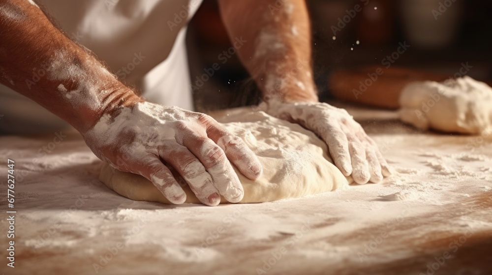 Closeup person hands kneading dough on table
