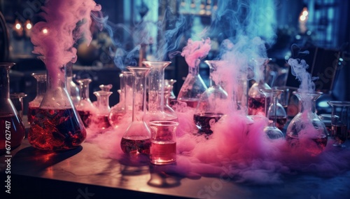 A Collection of Colorful Flasks Filled With Vibrant, Bubblegum Pink Liquid. Chemistry Lab Setup: Table Filled With Colourful Flasks Containing Various Liquids. A Table of Science: Flasks Filled With C
