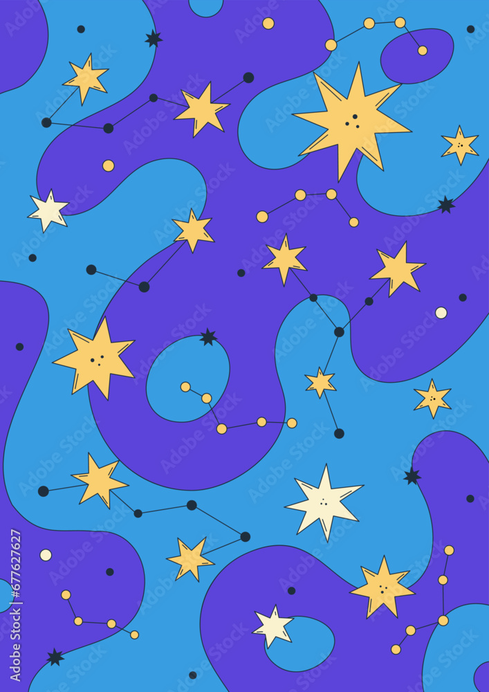 Poster design. Vibrant vector illustration with abstract constellation, stars, and psychedelic blue background. Groovy starry sky. Cartoon space. Playful, surreal, and colorful style. Notebook cover Poster design. Vibrant vector illustration with abstract constellation, stars, and psychedelic blue background. Groovy starry sky. Cartoon space. Playful, surreal, and colorful style. Notebook cover
