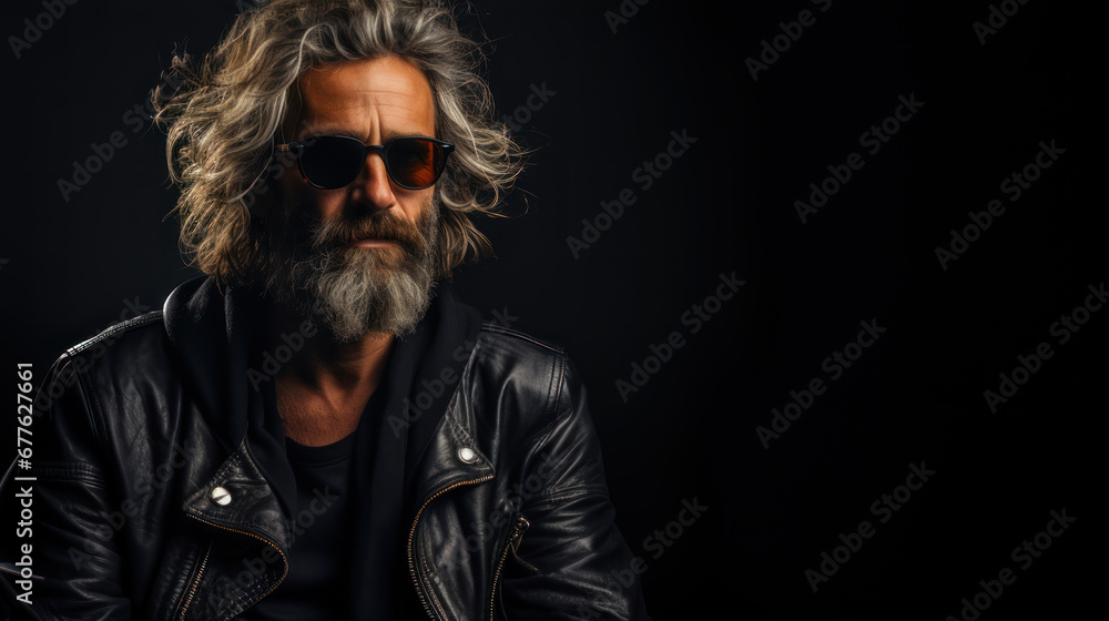 Handsome bearded man in leather jacket and sunglasses on black background. Rock star. Handsome bearded man in leather jacket and sunglasses on black background. Rock star.