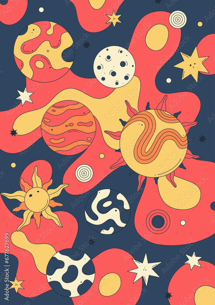 Poster design. Vibrant vector illustration with abstract patterned planets, sun, stars, and psychedelic background. Groovy galactic. Cartoon space. Playful, surreal, and colorful style. Notebook cover