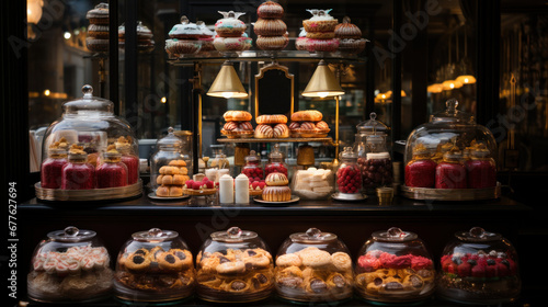 Assortment of cakes and pastries in a shop window in Paris.