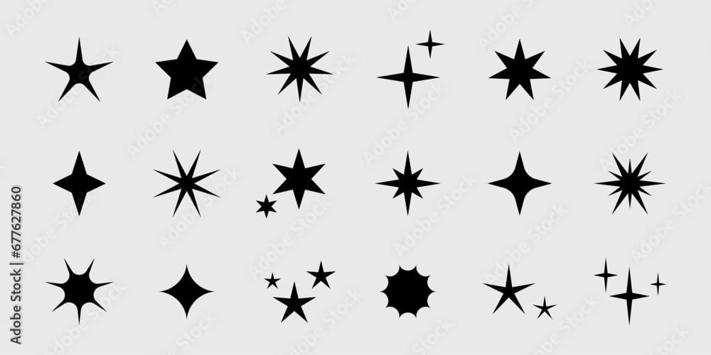 Vector retro set of futuristic sparkle star icons. Y2k abstract signs. Collection of star shapes. Abstract cool shine 70s 80s 90s design elements. - obrazy, fototapety, plakaty 