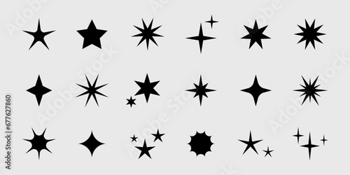 Vector retro set of futuristic sparkle star icons. Y2k abstract signs. Collection of star shapes. Abstract cool shine 70s 80s 90s design elements. © Ulyana Mo