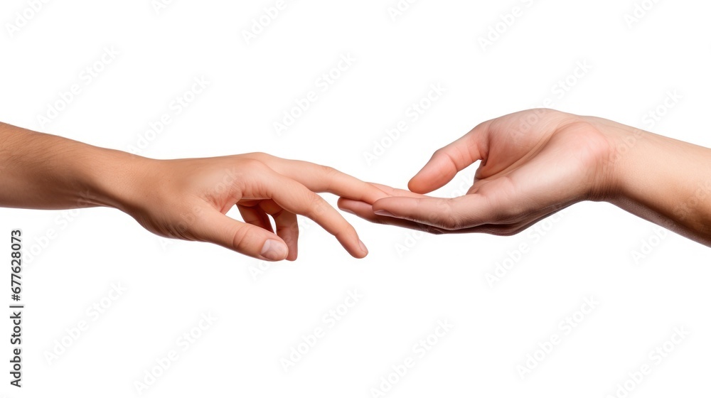 Two hands of a woman and man reaching each other for giving support on a dark background - obrazy, fototapety, plakaty 