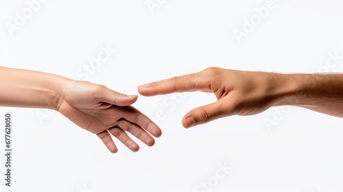 Two hands of a woman and man reaching each other for giving support on a dark background