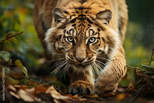 Siberian Tiger in the forest  Panthera tigris altaica 