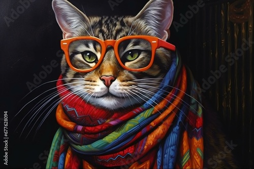 Portrait of a beautiful cat with glasses and a colorful scarf