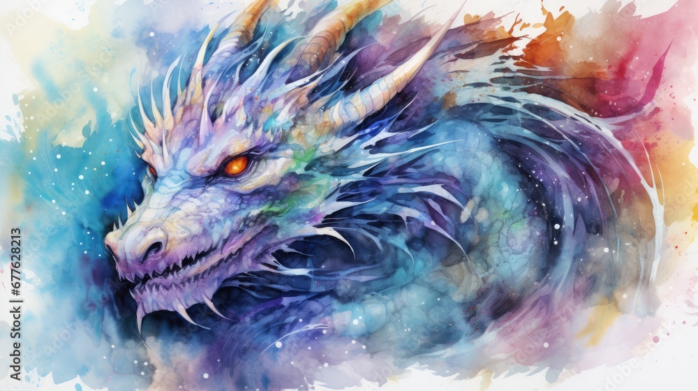  a watercolor painting of a dragon's head with red eyes and long, sharp, sharp, sharp, sharp, sharp, sharp, sharp, sharp teeth.  generative ai