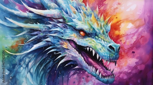  a painting of a dragon's head with colorful paint splattered on it's face and it's eyes are red, while the background is multicolored. generative ai