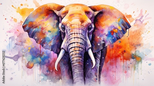  a painting of an elephant with colorful paint splatters on it s face and tusks and tusks  it s trunk and tusks  and tusks  and tusks  and tusks  it s tusks .  generative ai