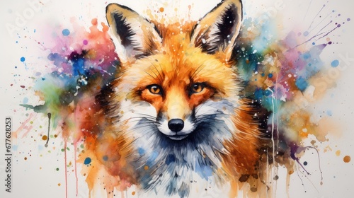  a watercolor painting of a fox's face with a splash of paint on the back of it's face and it's front part of its face. generative ai