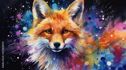  a close up of a painting of a fox with colorful paint splatches on it's face and a black background, with a blue sky in the background.  generative ai © Shanti