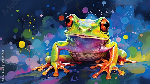  a painting of a frog sitting on top of a piece of paper with colorful bubbles in the background and a splash of paint on the bottom half of the frog's face. generative ai