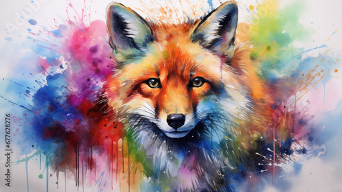  a painting of a red fox with multicolored paint splatters on it's face and a blue, yellow, red, green, orange, pink, and purple, and white background. generative ai