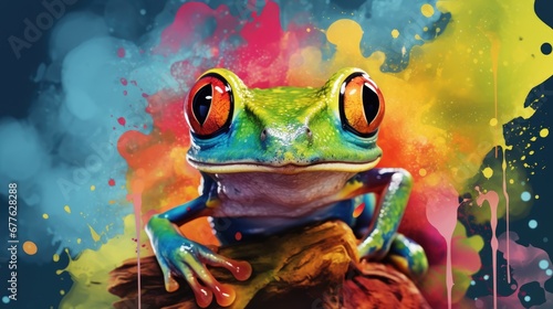  a frog with big red eyes sitting on a piece of wood with colorful paint splatters on it's back and a black background 