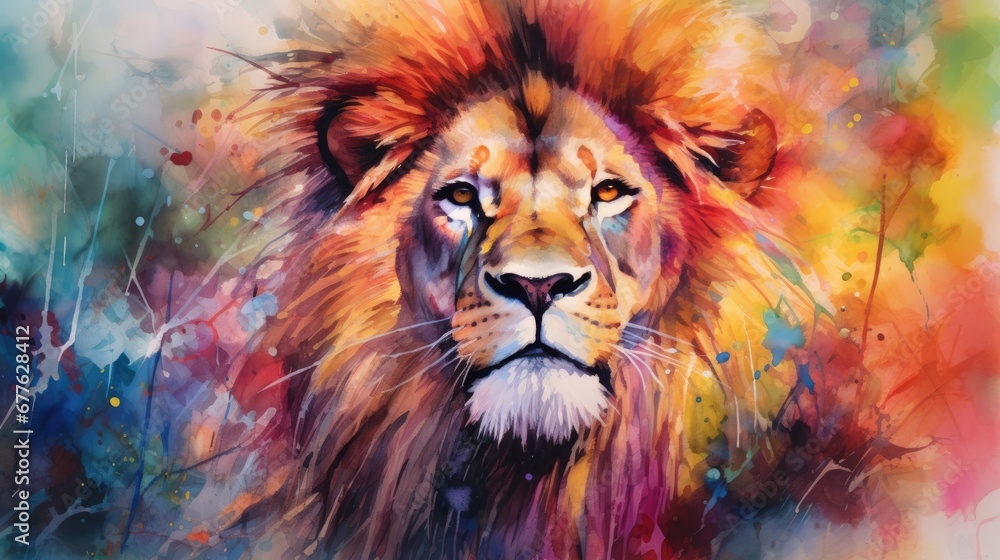  a painting of a lion's face with multicolored paint splattered on it's face 