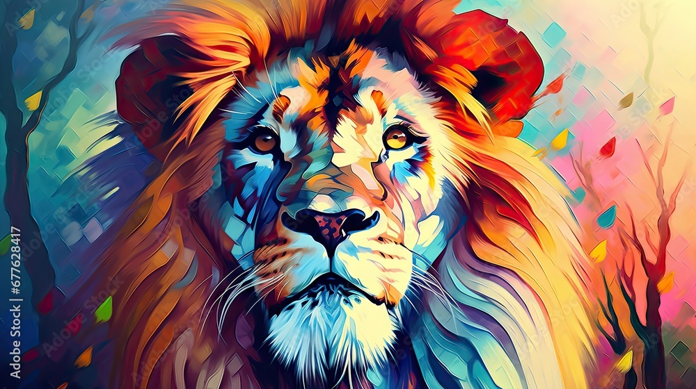  a painting of a lion's face on a multicolored background with trees in the foreground and a blue sky in the background 