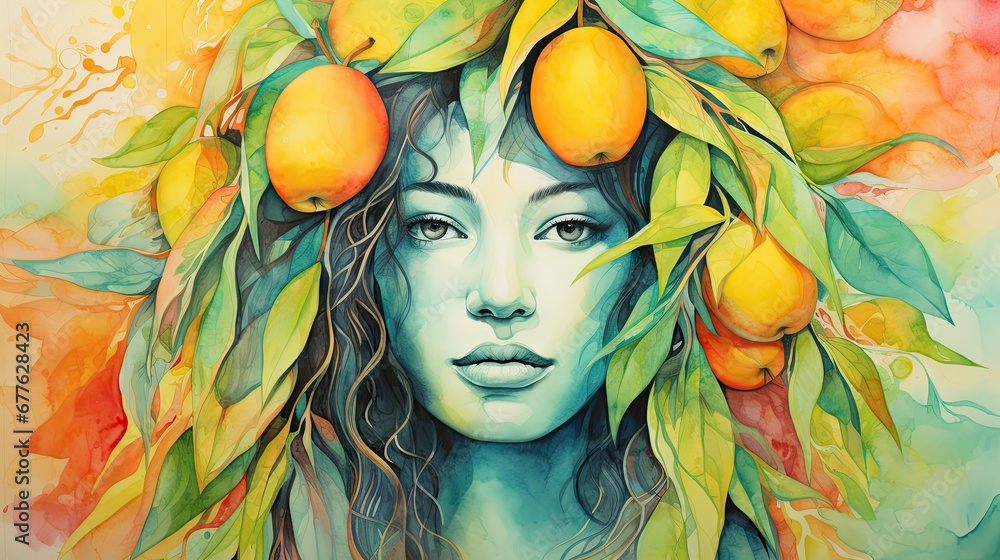 a painting of a woman with oranges on her head and leaves on her head ...