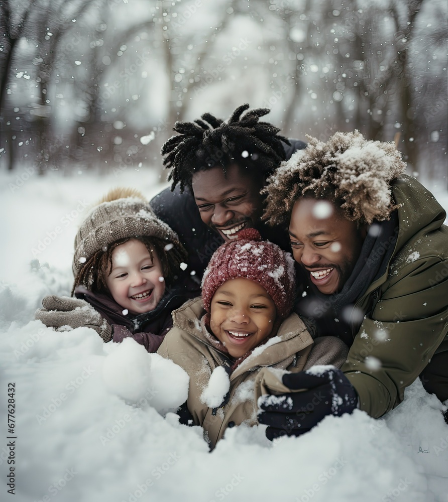 Gay parents playing with their children in the snow, outdoor activities during winter vacations.