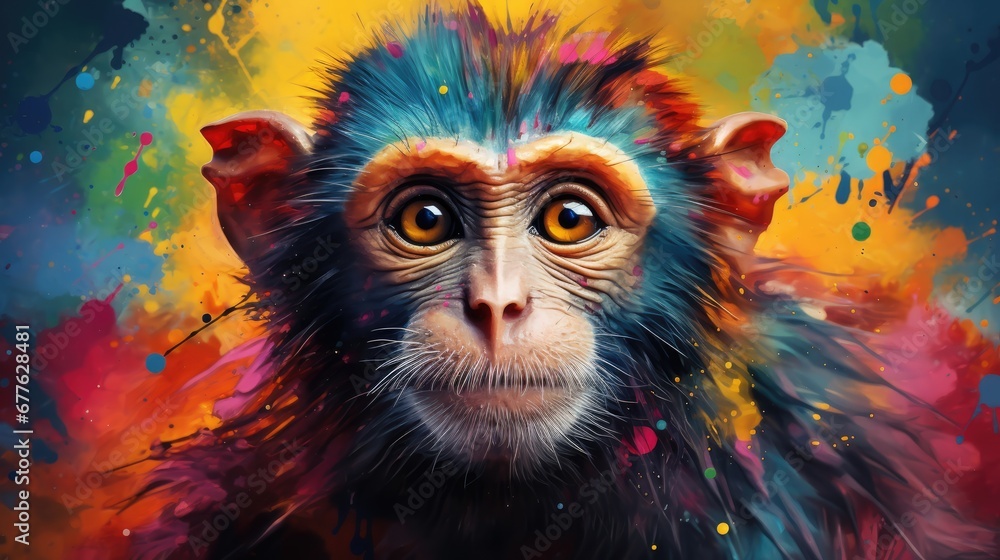 a painting of a monkey's face with multicolored paint splattered on it's face and the upper half of the monkey's head. generative ai a painting of a monkey's face with multicolored paint splattered on it's face and the upper half of the monkey's head. generative ai