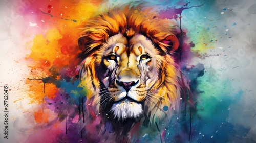  a painting of a lion's face with multicolored paint splattered on it's face and behind it's head is a multicolored background. generative ai
