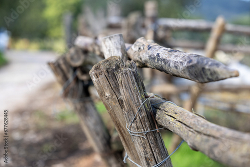 Rustic wooden fence in the countryside details