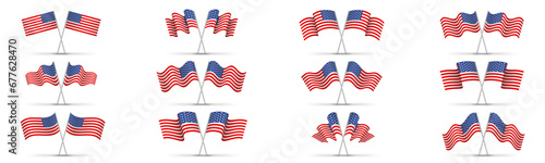United states flag set, usa symbol, wavy shape flag pole realistic illustration