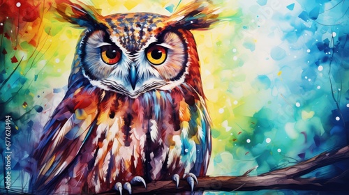  a painting of an owl sitting on a tree branch in front of a multicolored background with water droplets and drops of light coming from it's eyes.  generative ai