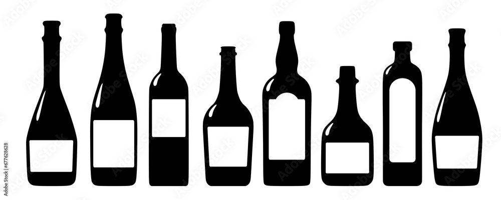 Set of alcohol bottles. Strong alcohol and champagne wine Set of alcohol bottles. Strong alcohol and champagne wine