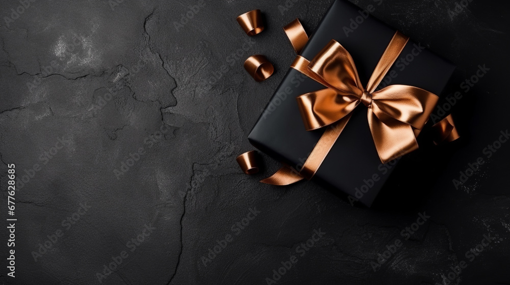 Gift wrapped in black paper with black bow on a black textured background with scattered copper confetti, giving a moody and luxurious feel - obrazy, fototapety, plakaty 