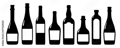 Set of alcohol bottles. Strong alcohol and champagne wine
